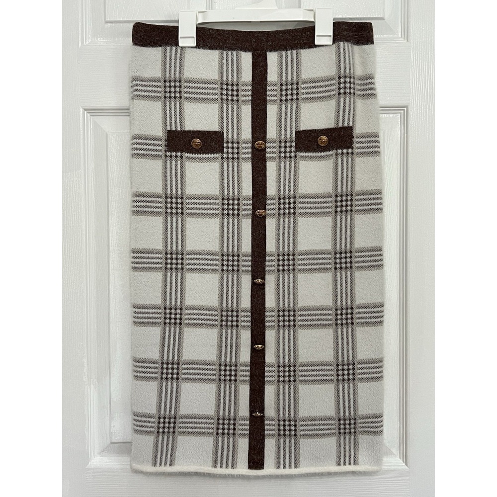 Love + Luxe Brown White Plaid Straight Pencil Midi‎ Preppy Skirt Gold Buttons S